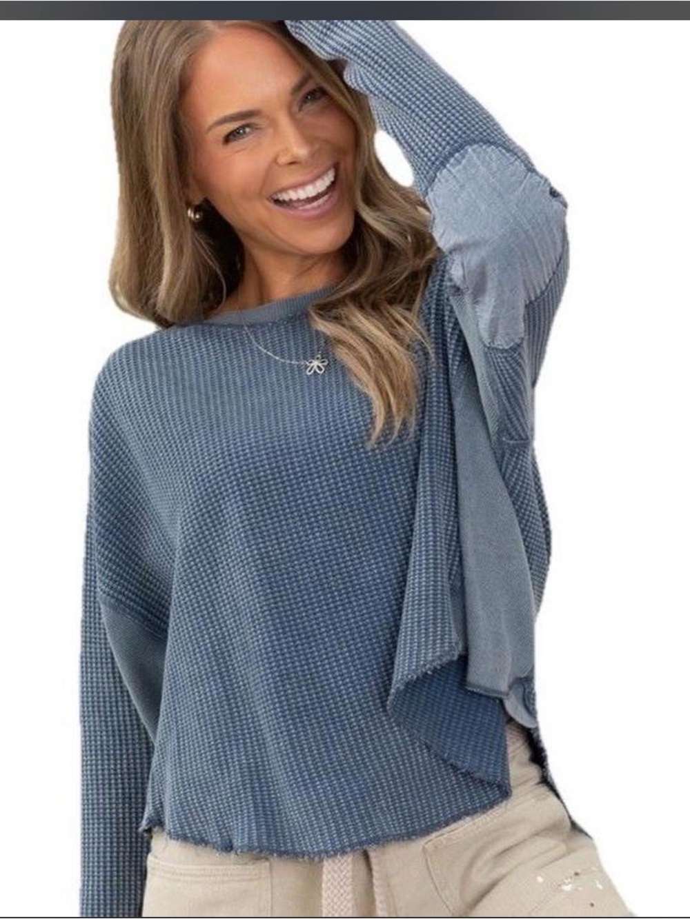 Free People One Sun-Washed Waffle Thermal Oversize Elbow
Patch T
Sz s
Light Blue
